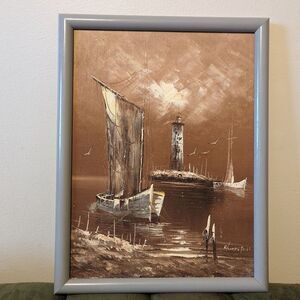 Rikard Lindstrom Original Nautical Oil Painting Signed Lighthouse and boat
